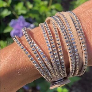 Swarovski Tan Leather and Crystal Wrap Bracelet - OS